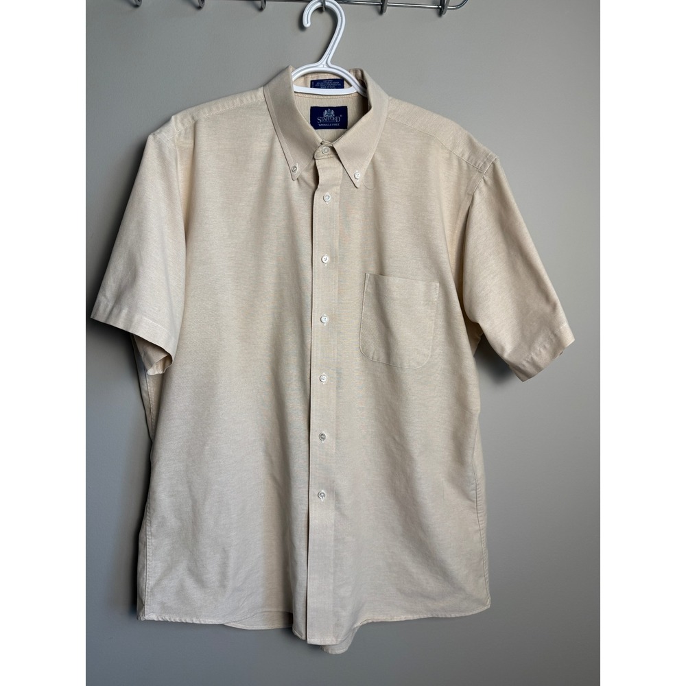 Stafford Short Sleeve Oxford Button Down Shirt 17 Tan Business Casual Preppy